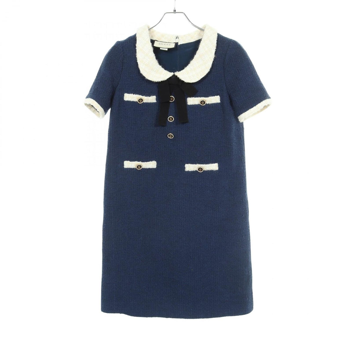 Gucci Dress Interlocking G Button Tweed Short Sleeve Cotton