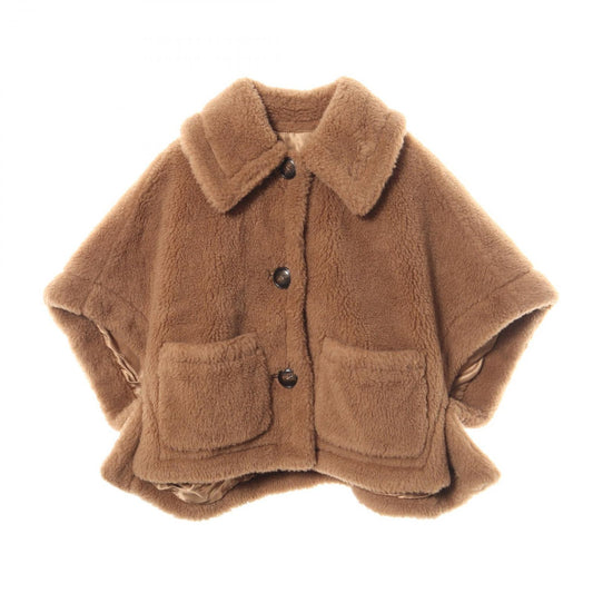 Max Mara Poncho Newterzo Teddy Bear Icon Fleece Cape Coat Brown Silk Jacket
