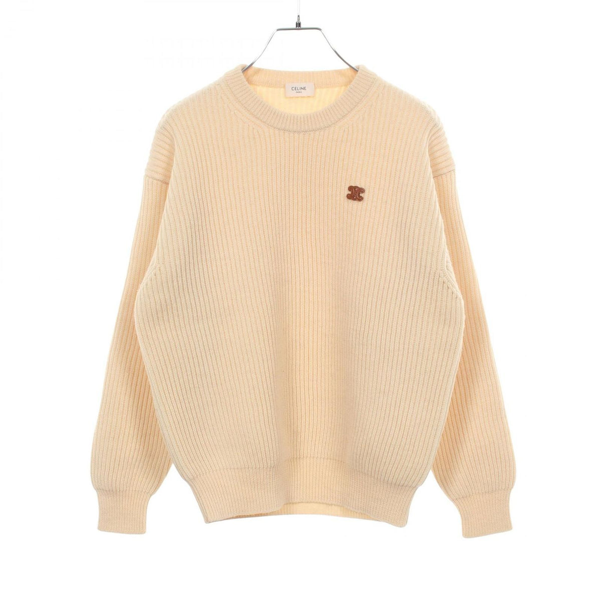 Celine Knit Triomphe Patch White Wool Crew Sweater