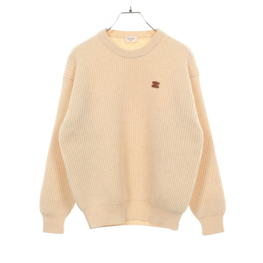Celine Knit Triomphe Patch White Wool Crew Sweater