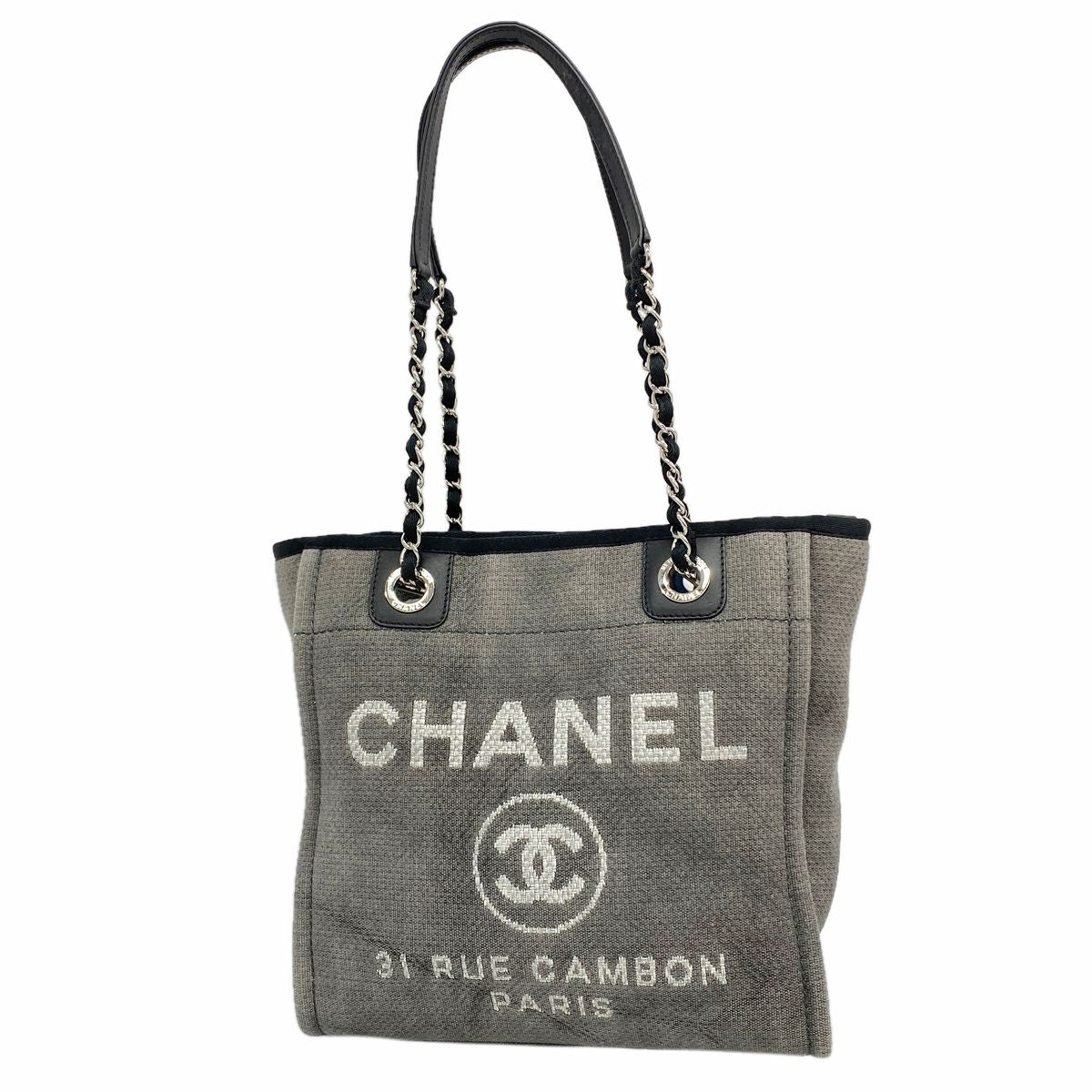 Chanel Chain Tote Deauville Canvas Gray Silver