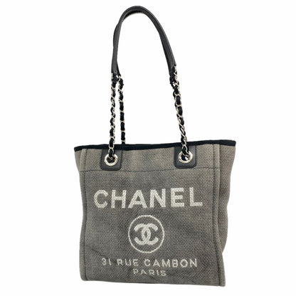 Chanel Chain Tote Deauville Canvas Gray Silver