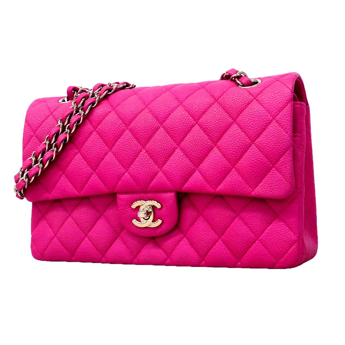 Chanel Shoulder Bag Quilted Caviar Leather Pink Silver