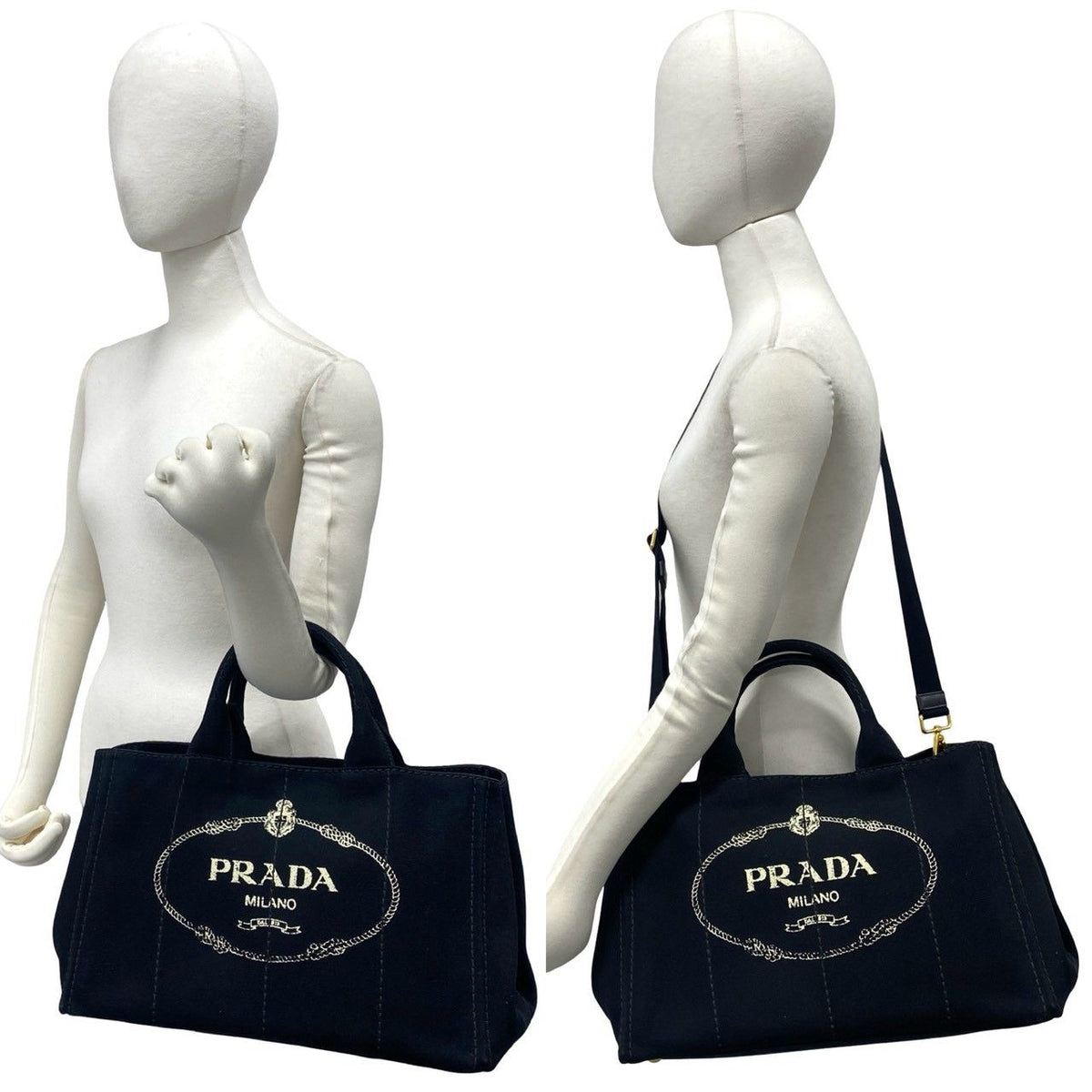 Prada Canapa Triangle Logo Canvas 2-Way Shoulder Bag Tote Black with Card — view 2