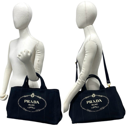 Prada Canapa Triangle Logo Canvas 2-Way Shoulder Bag Tote Black with Card — view 2