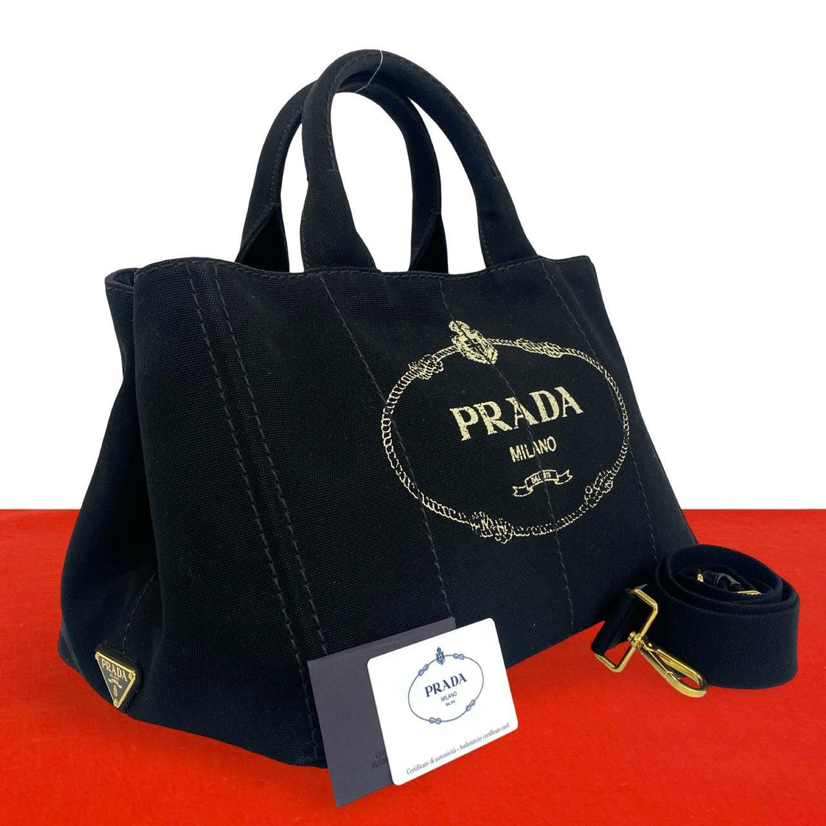 Prada Canapa Triangle Logo Canvas 2-Way Shoulder Bag Tote Black with Card