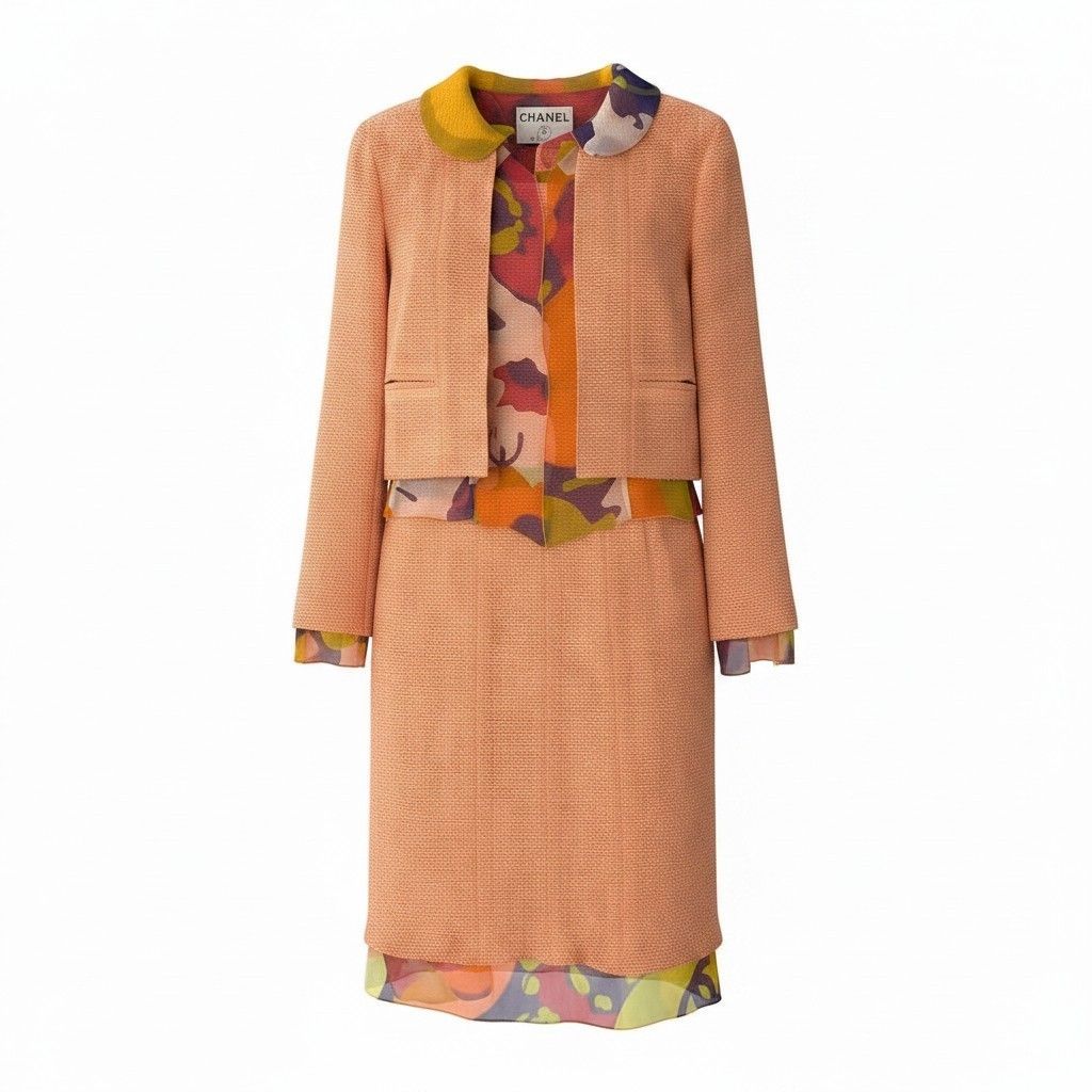 Chanel E8 Set Tweed Jacket No Top Skirt Orange Multicolor
