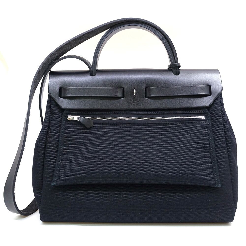 Hermes Herbag Zip PM BK Toile H Vache Hunter Silver Handbag Bag — view 2