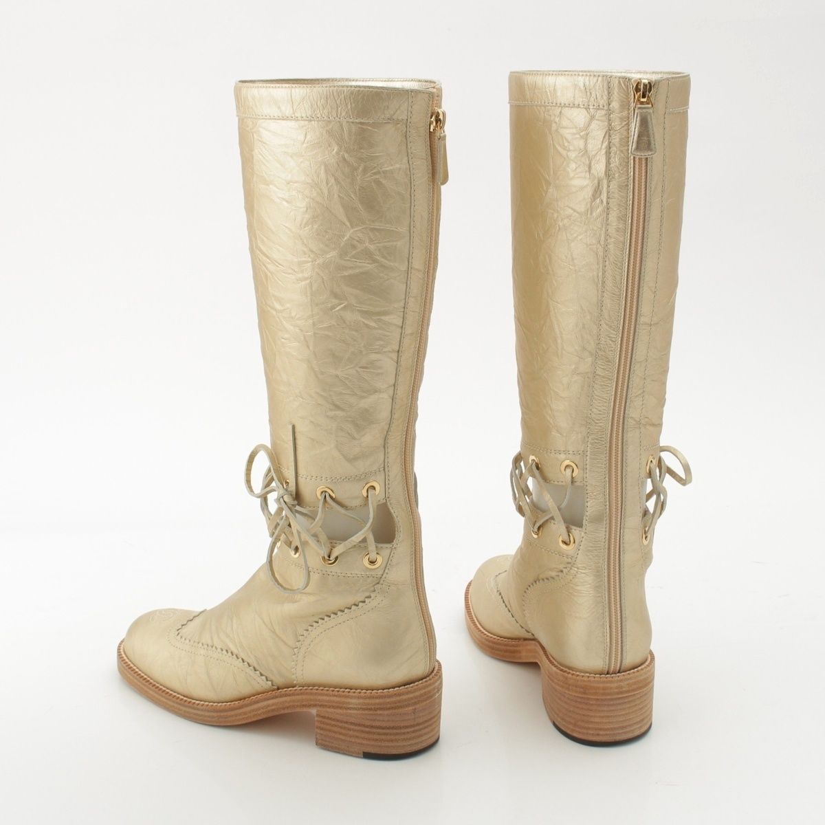 Chanel Leather CC Logo Metal Boots Long Gold 37C — view 4
