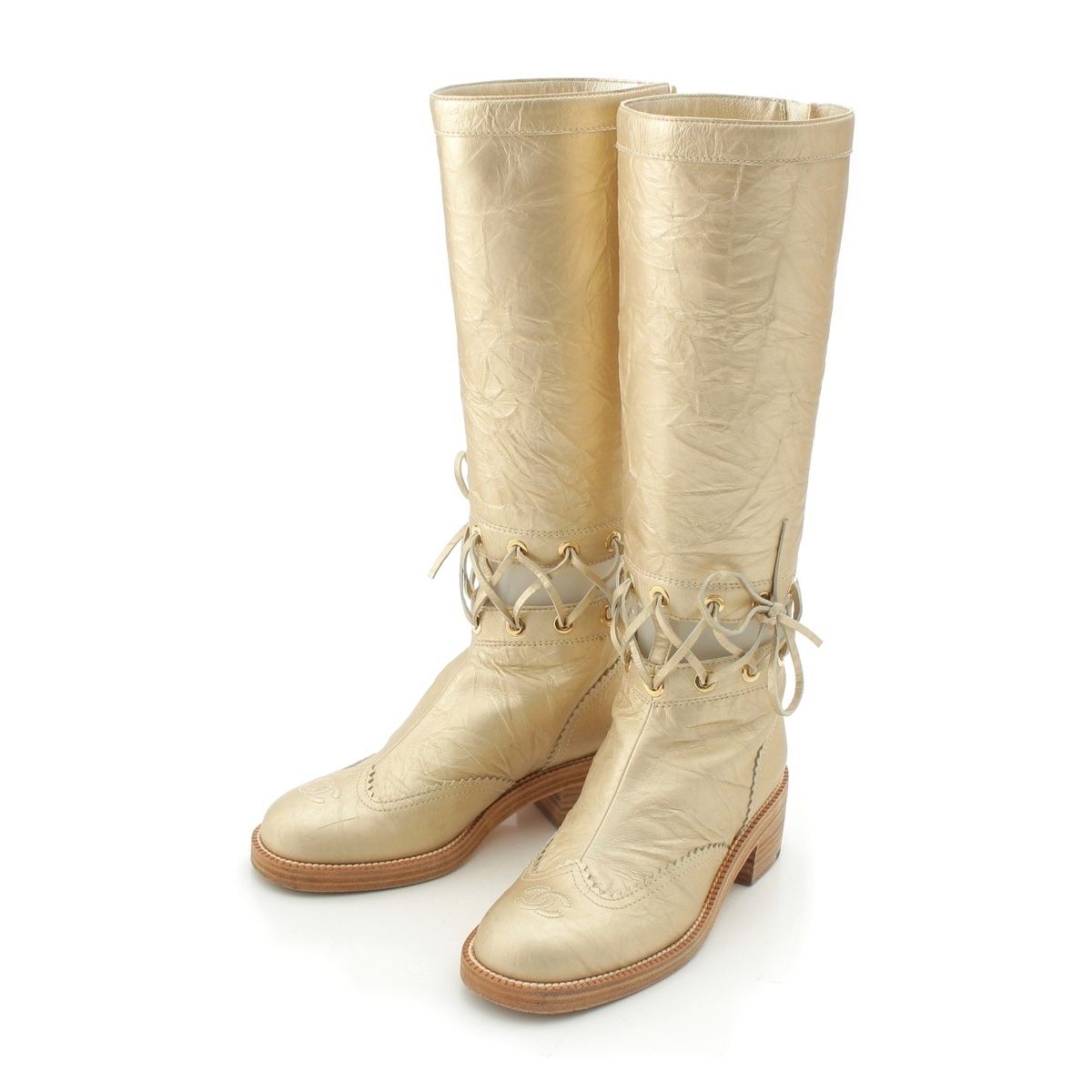 Chanel Leather CC Logo Metal Boots Long Gold 37C