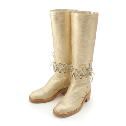 Chanel Leather CC Logo Metal Boots Long Gold 37C