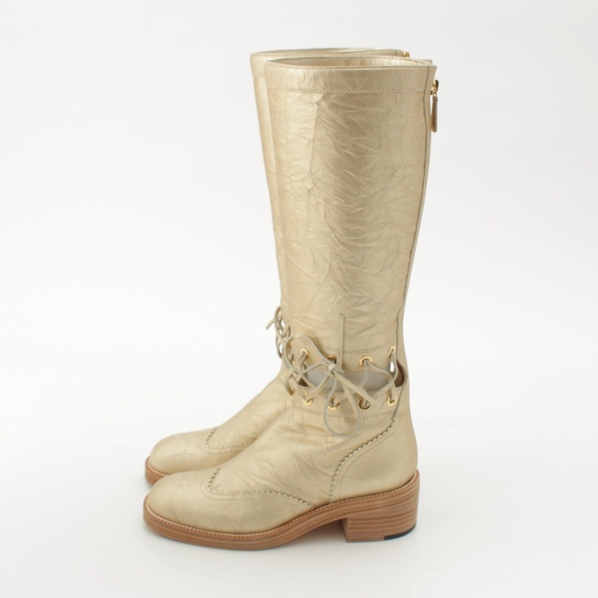 Chanel Leather CC Logo Metal Boots Long Gold 37C — view 3