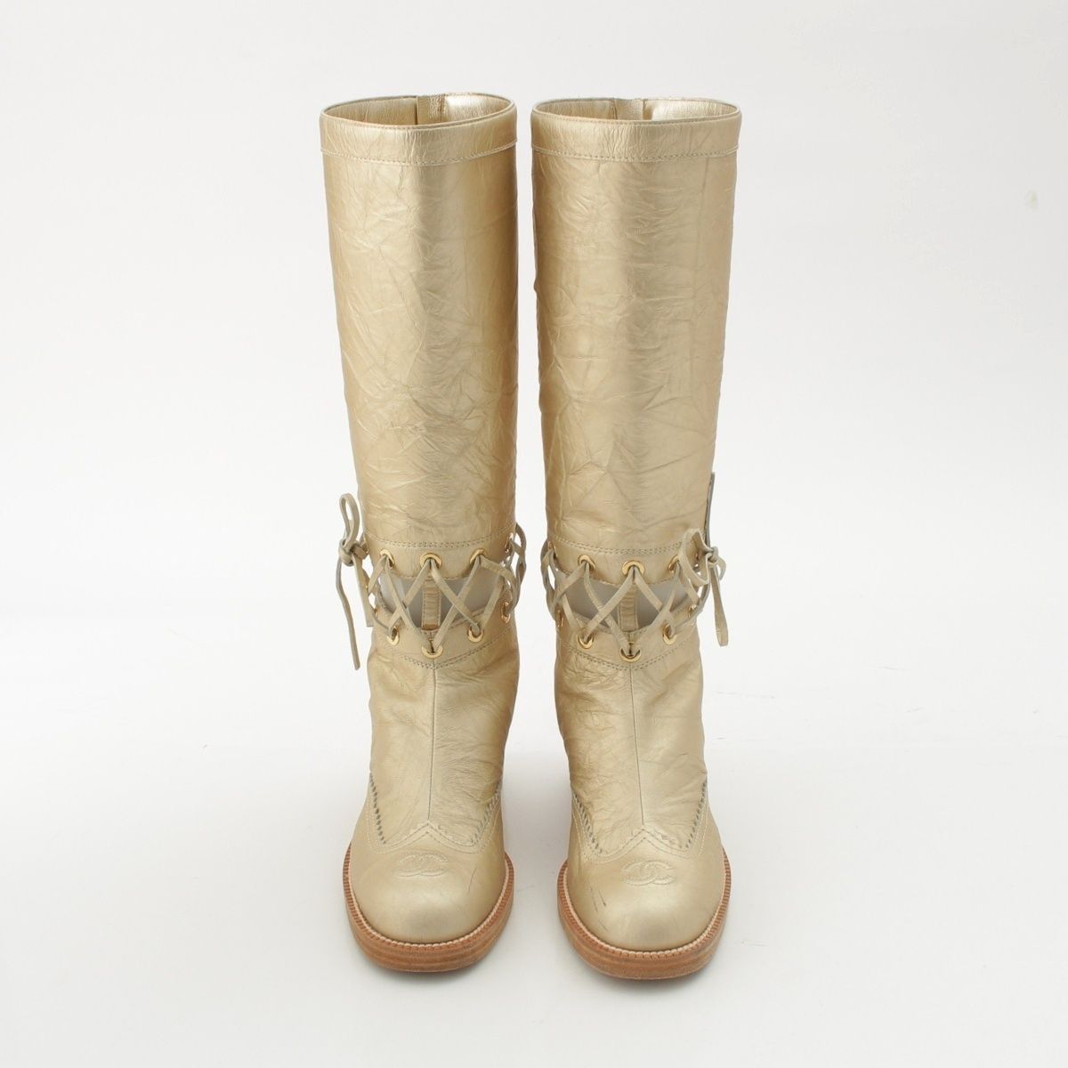 Chanel Leather CC Logo Metal Boots Long Gold 37C — view 2