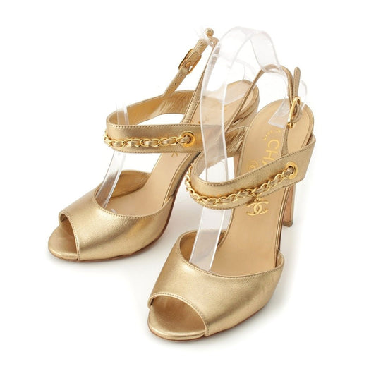 Chanel Leather CC Logo Chain Heels Clover Sandals Gold