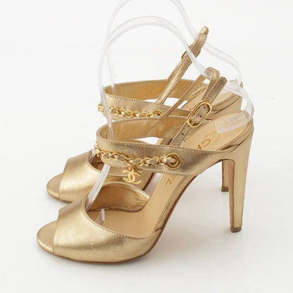 Chanel Leather CC Logo Chain Heels Clover Sandals Gold — view 3