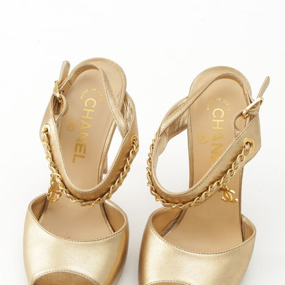 Chanel Leather CC Logo Chain Heels Clover Sandals Gold — view 7