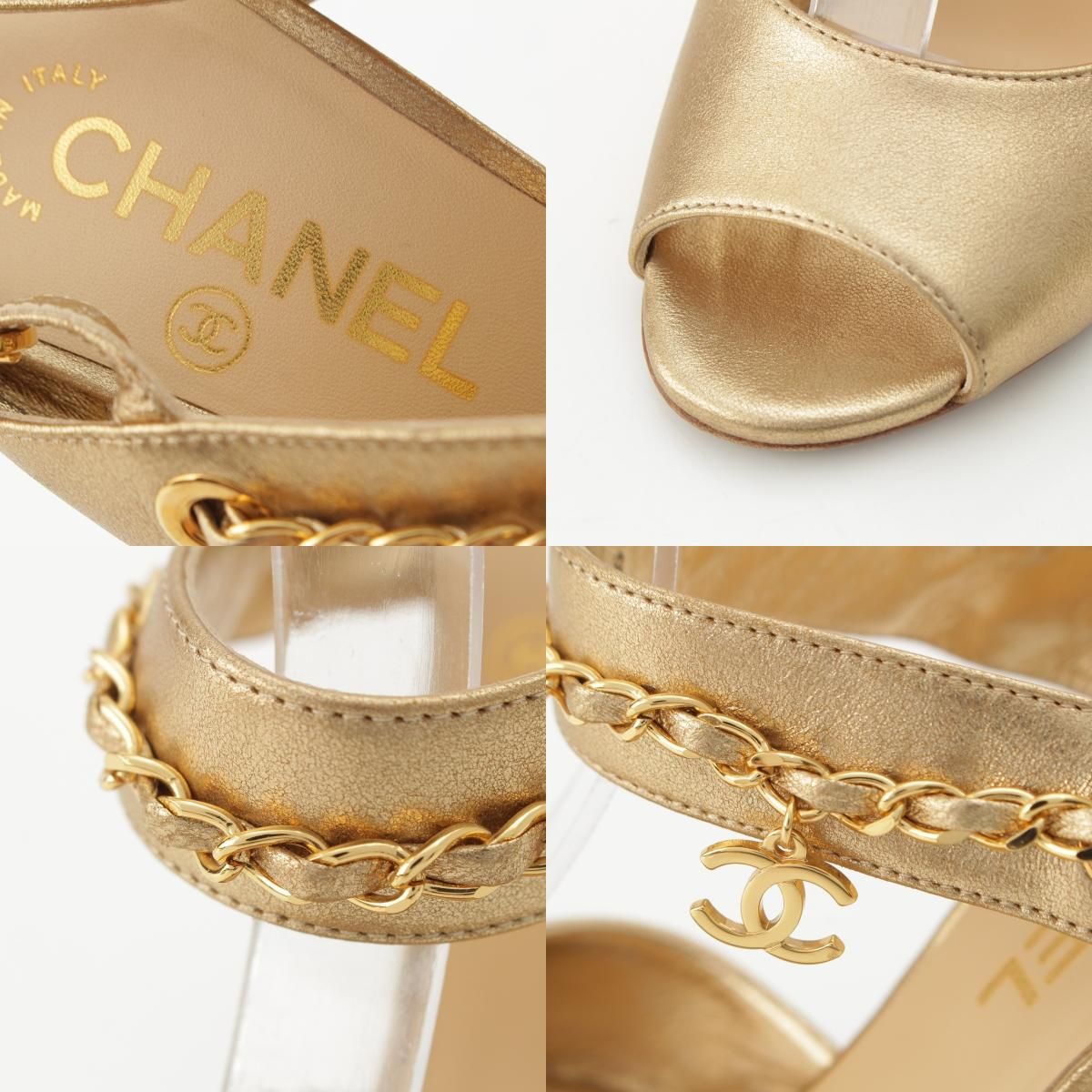 Chanel Leather CC Logo Chain Heels Clover Sandals Gold — view 8