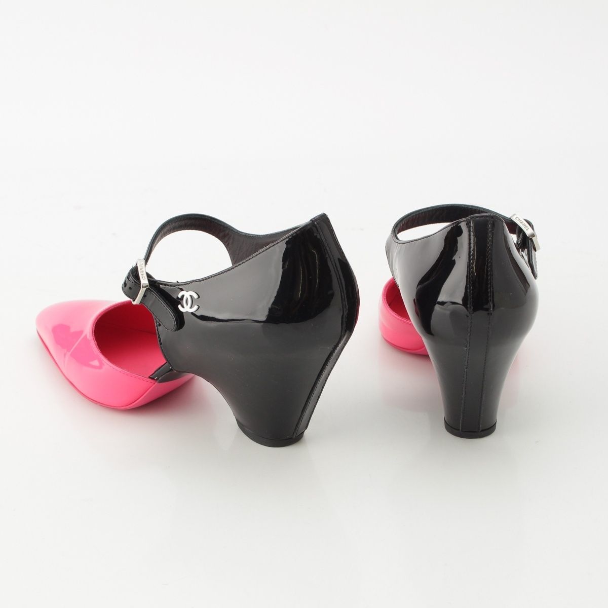Chanel Patent CC Logo Strap Mary Jane Pumps Black Pink Heels — view 4
