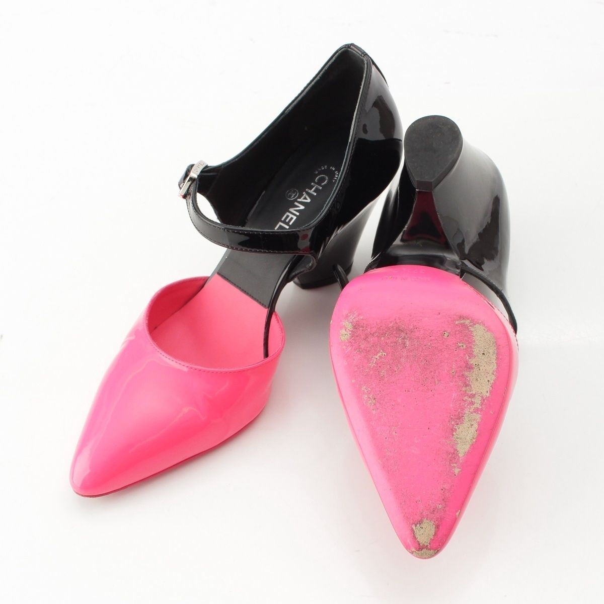 Chanel Patent CC Logo Strap Mary Jane Pumps Black Pink Heels — view 5
