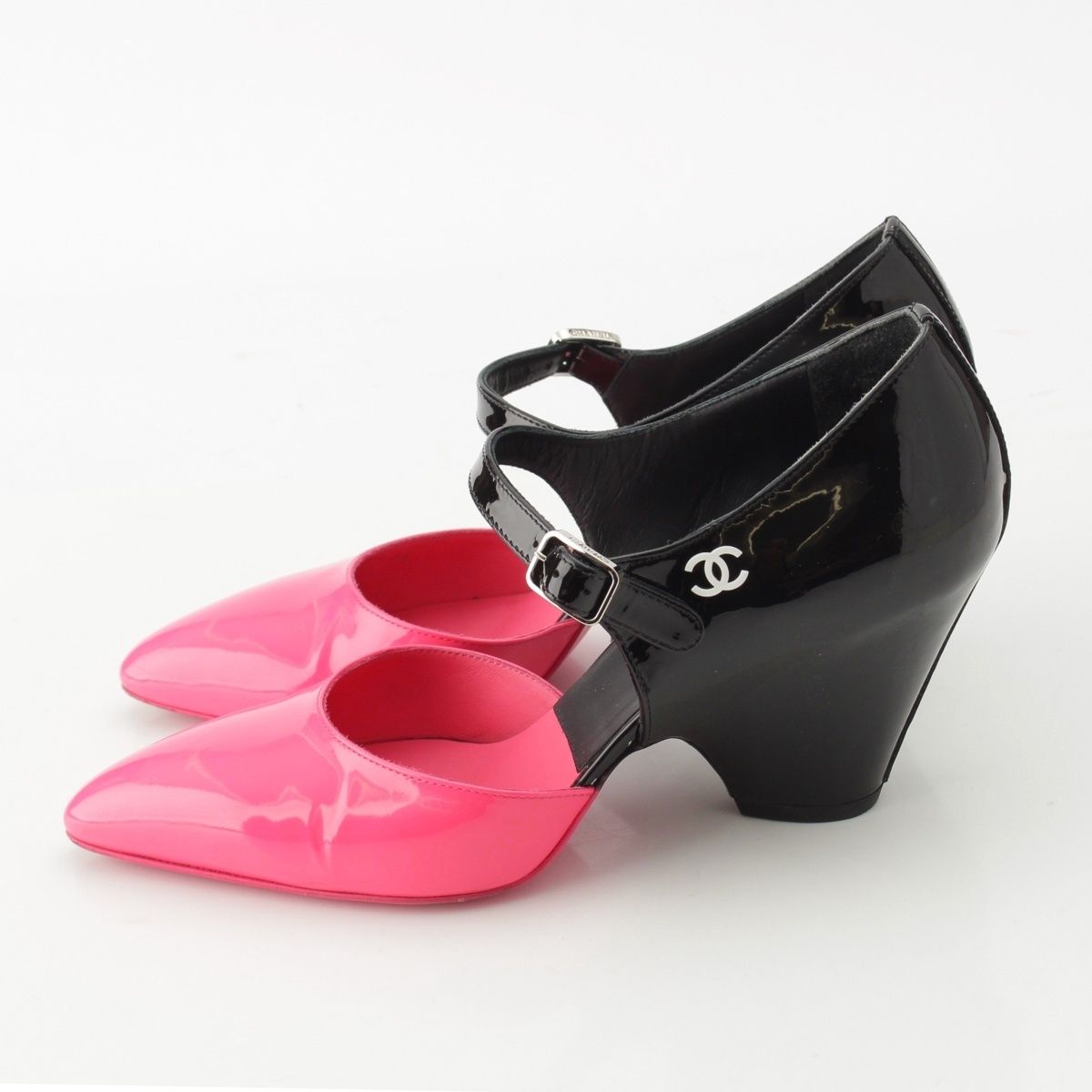 Chanel Patent CC Logo Strap Mary Jane Pumps Black Pink Heels — view 3