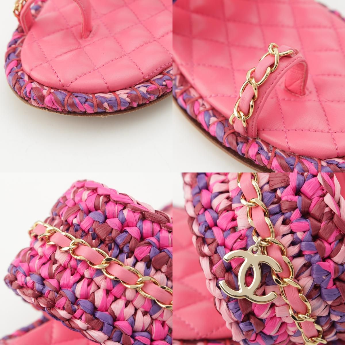 Chanel Leather Tweed CC Logo Chain Flat Sandals Pink 37C — view 8