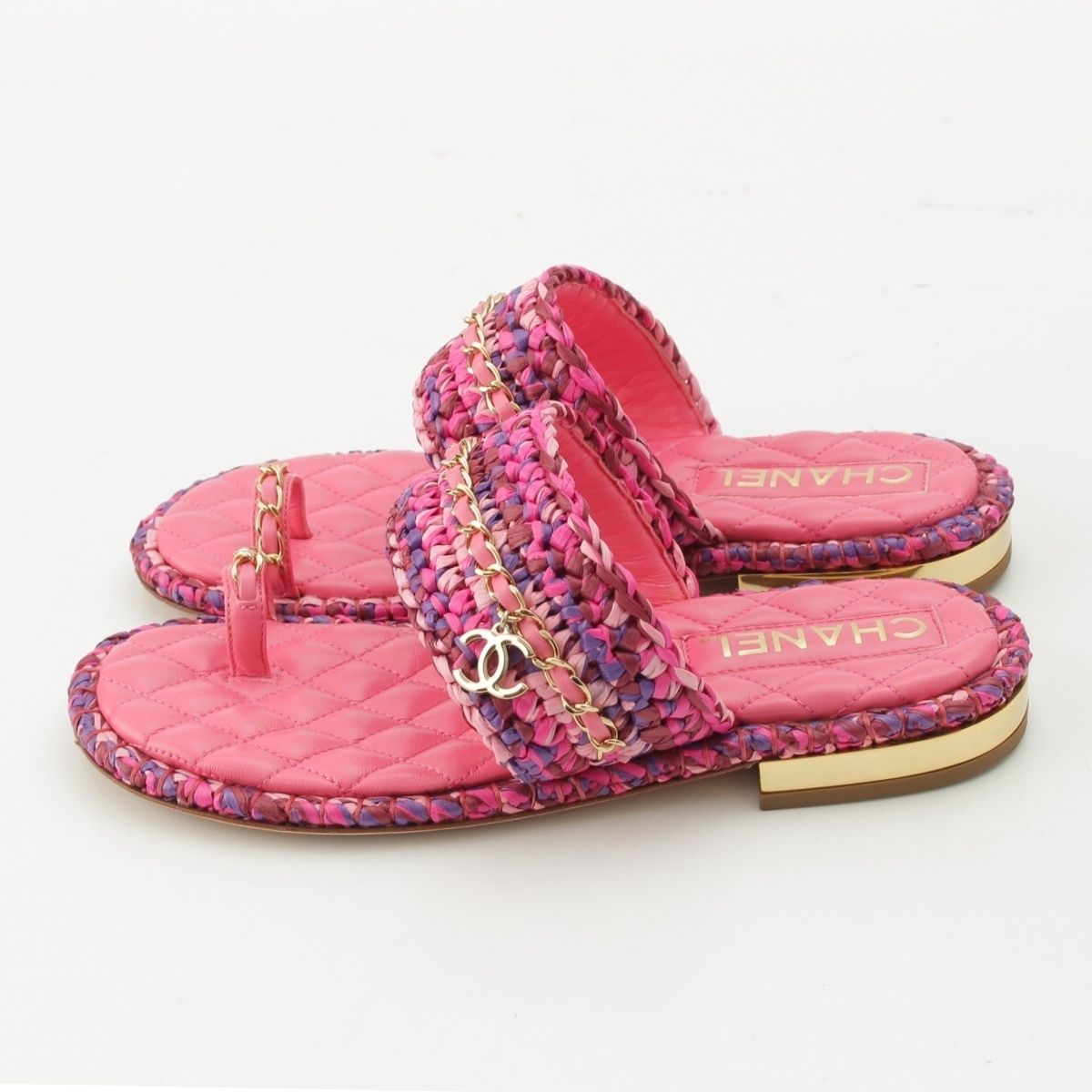Chanel Leather Tweed CC Logo Chain Flat Sandals Pink 37C — view 3