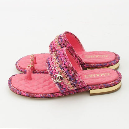 Chanel Leather Tweed CC Logo Chain Flat Sandals Pink 37C — view 3