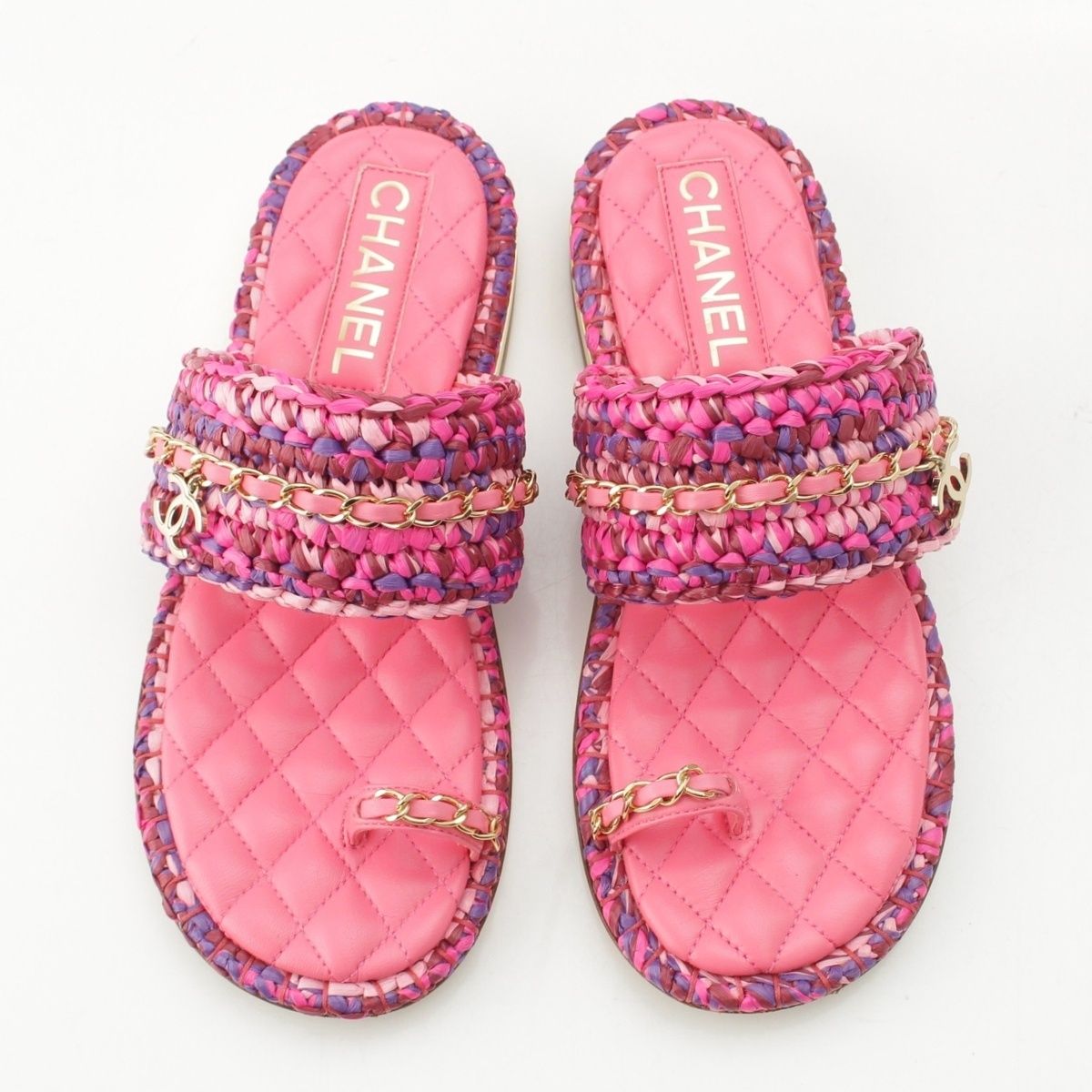 Chanel Leather Tweed CC Logo Chain Flat Sandals Pink 37C — view 2