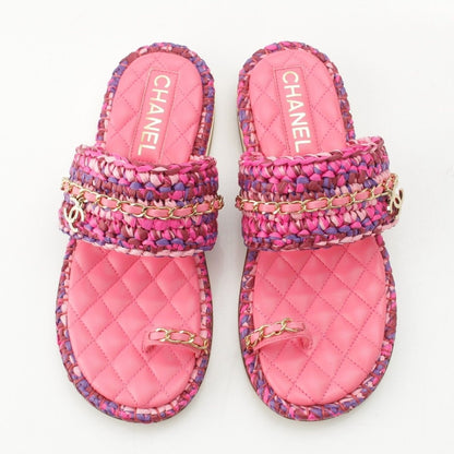 Chanel Leather Tweed CC Logo Chain Flat Sandals Pink 37C — view 2