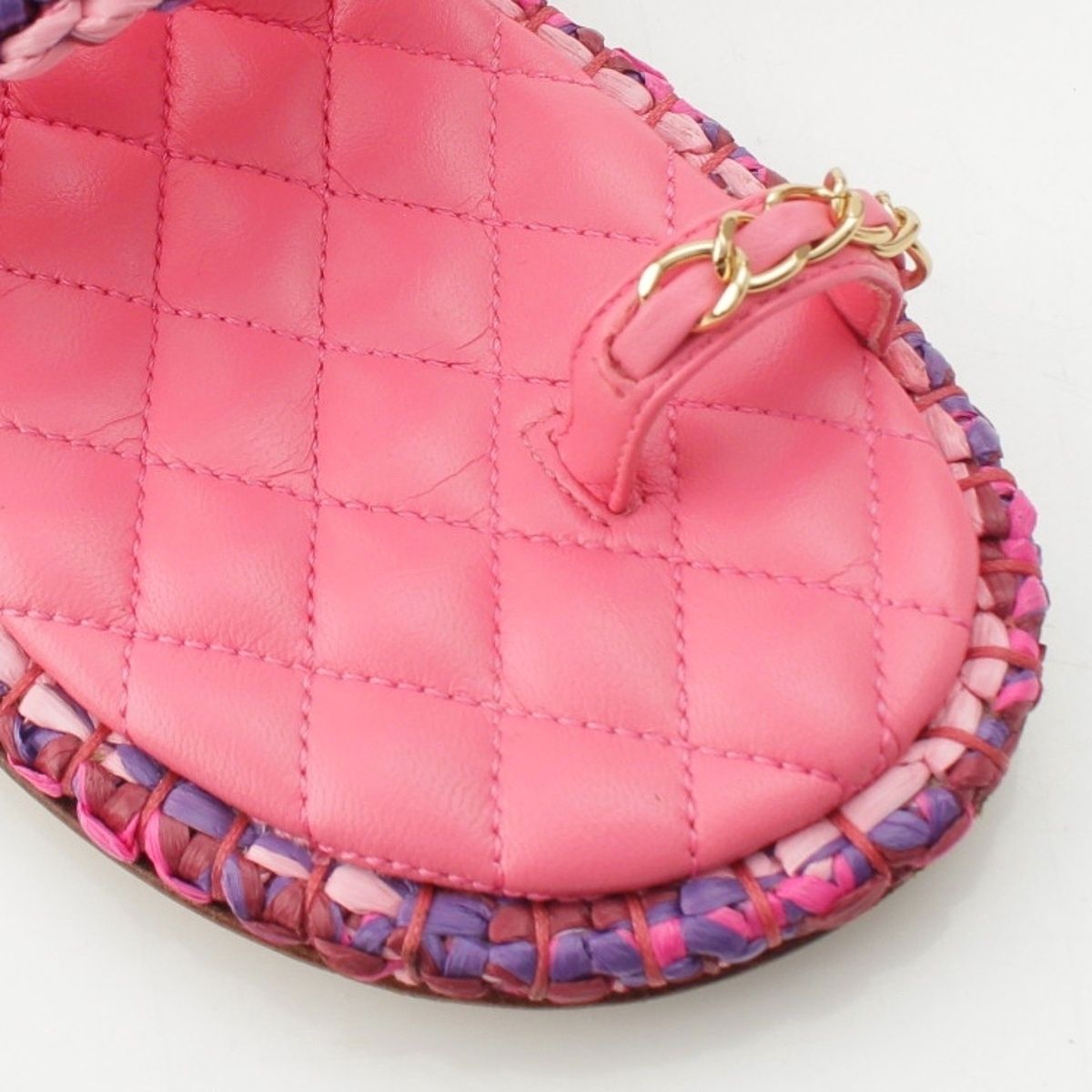 Chanel Leather Tweed CC Logo Chain Flat Sandals Pink 37C — view 6