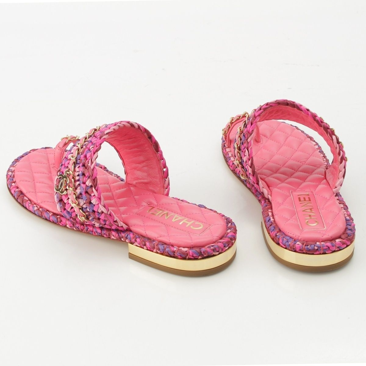 Chanel Leather Tweed CC Logo Chain Flat Sandals Pink 37C — view 4