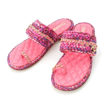 Chanel Leather Tweed CC Logo Chain Flat Sandals Pink 37C