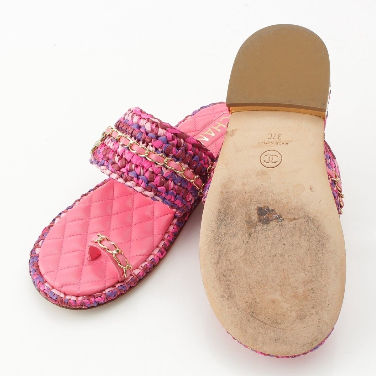 Chanel Leather Tweed CC Logo Chain Flat Sandals Pink 37C — view 5