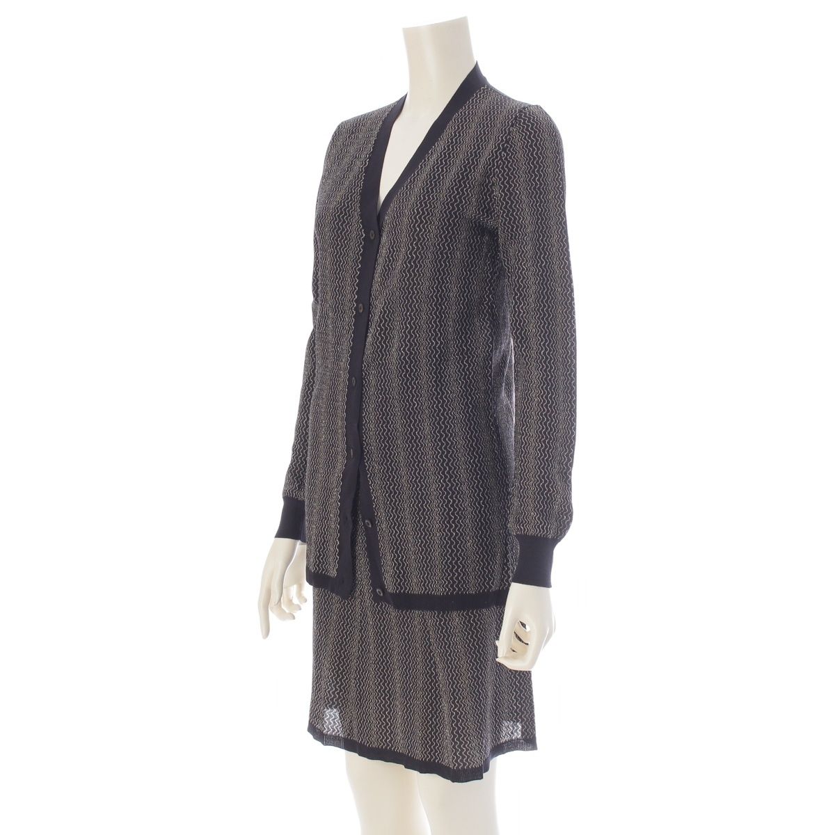 Prada Cotton Zigzag Glitter Knit Skirt Set Archive Cardigan Up Black Gold 38 — view 2