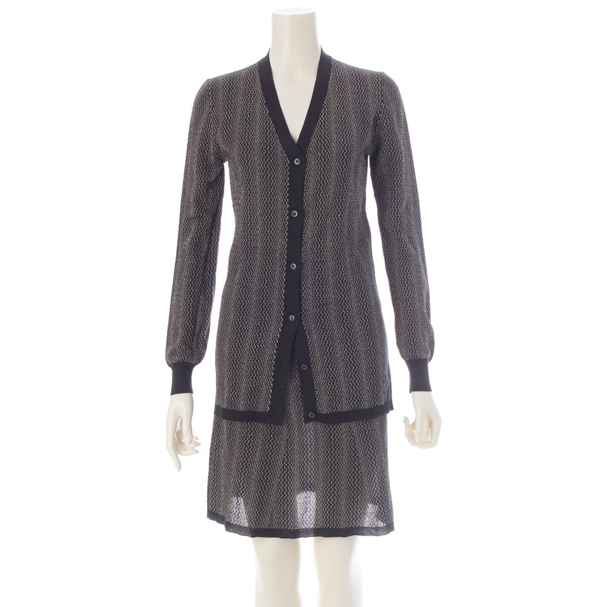 Prada Cotton Zigzag Glitter Knit Skirt Set Archive Cardigan Up Black Gold 38