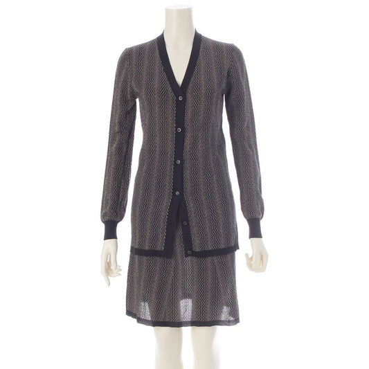 Prada Cotton Zigzag Glitter Knit Skirt Set Archive Cardigan Up Black Gold 38