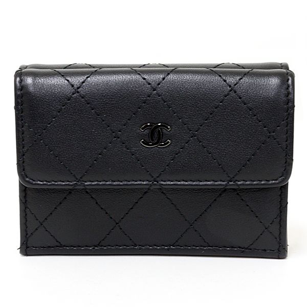 Chanel Compact Wallet Trifold Quilted Leather Black &silver