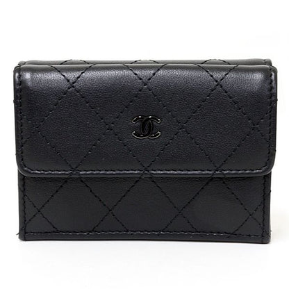 Chanel Compact Wallet Trifold Quilted Leather Black &silver
