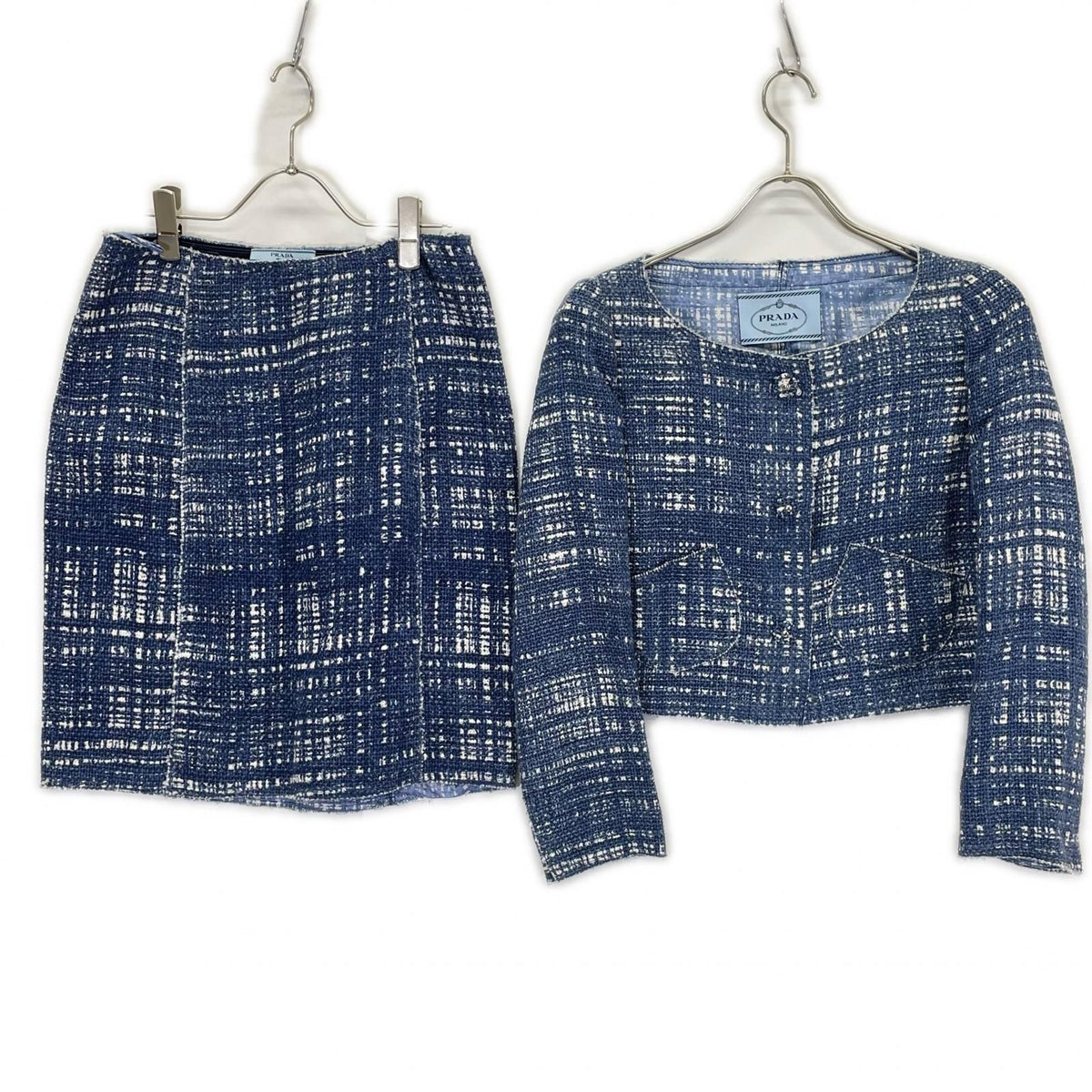 Prada Tweed Collarless Jacket Skirt Set