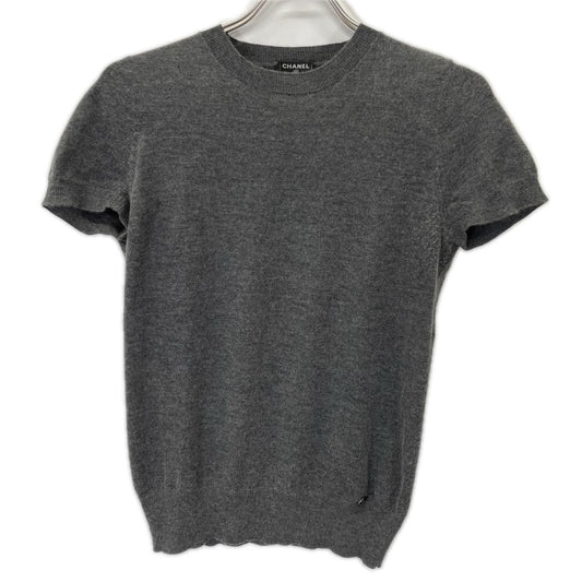 Chanel Gray Cashmere Silk CC Logo Plate Short Sleeve Knit 36