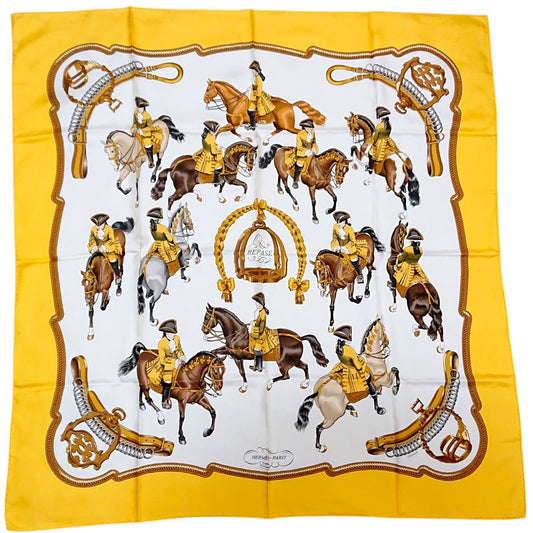 Hermes Carre 90 Reprise Ledoux Yellow Silk 100% Large Scarf