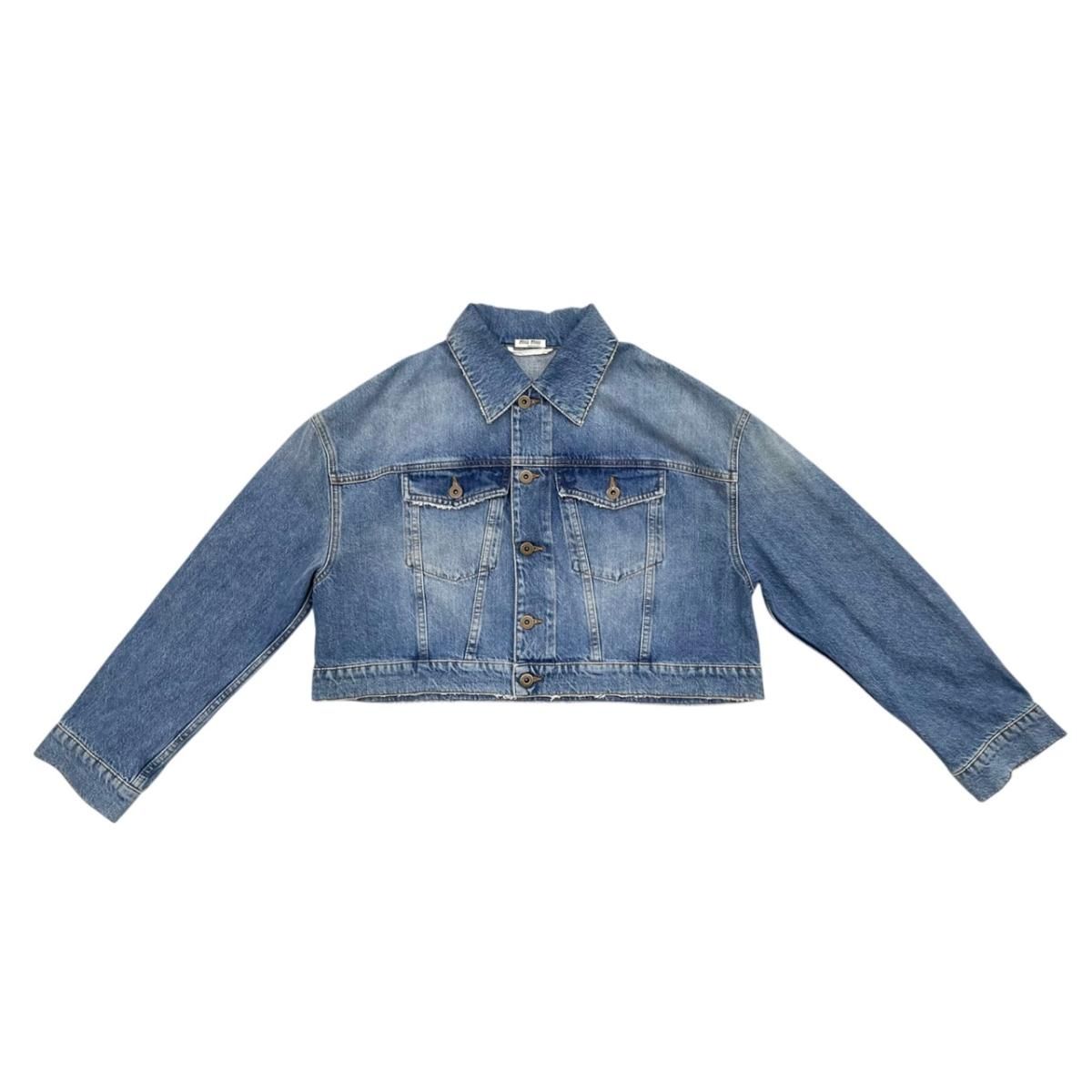Miu Miu Denim Jacket Flower Motif Cotton Logo Patch Blue 36