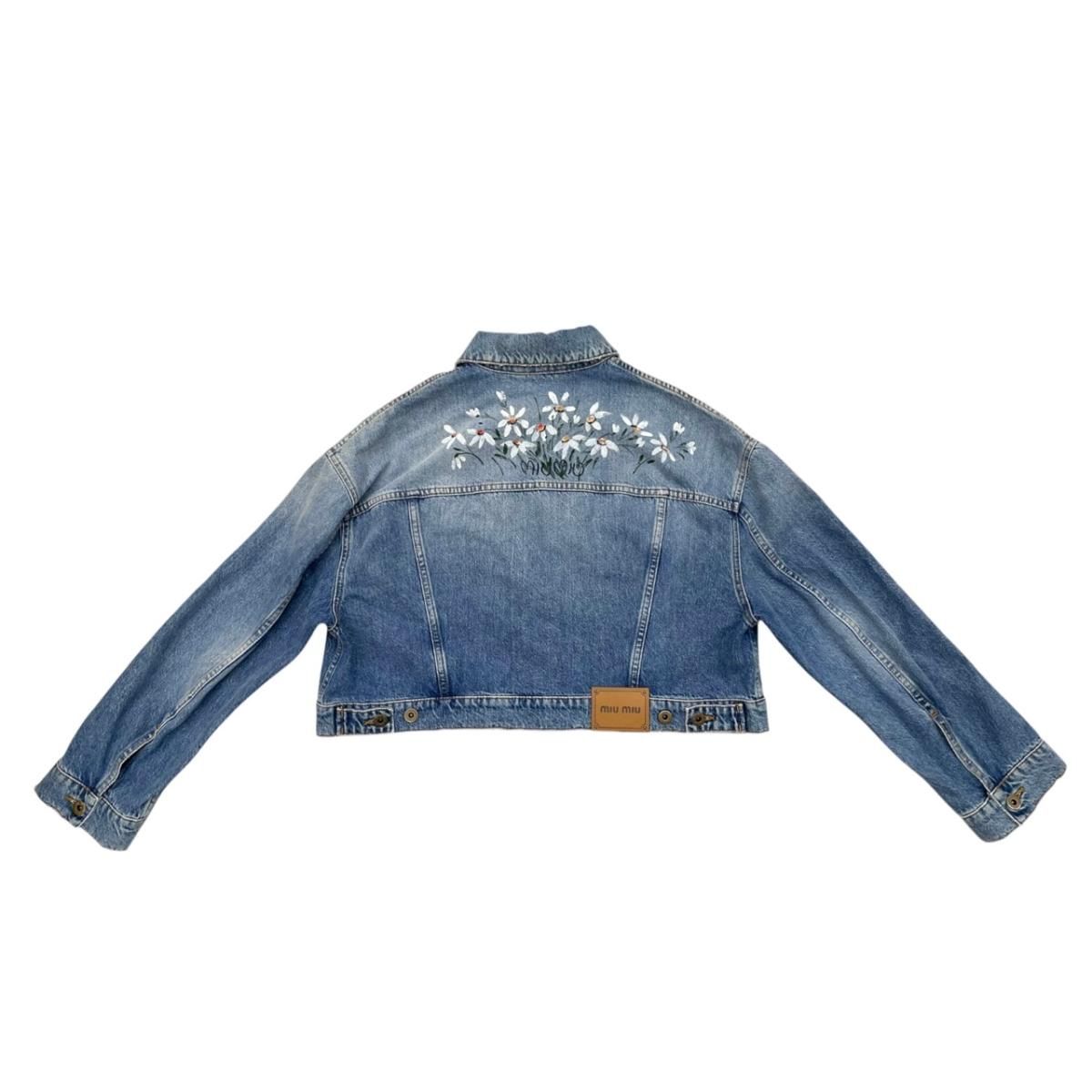 Miu Miu Denim Jacket Flower Motif Cotton Logo Patch Blue 36 — view 2