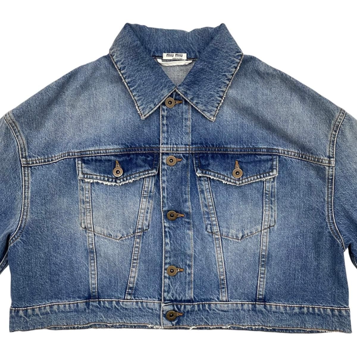 Miu Miu Denim Jacket Flower Motif Cotton Logo Patch Blue 36 — view 3
