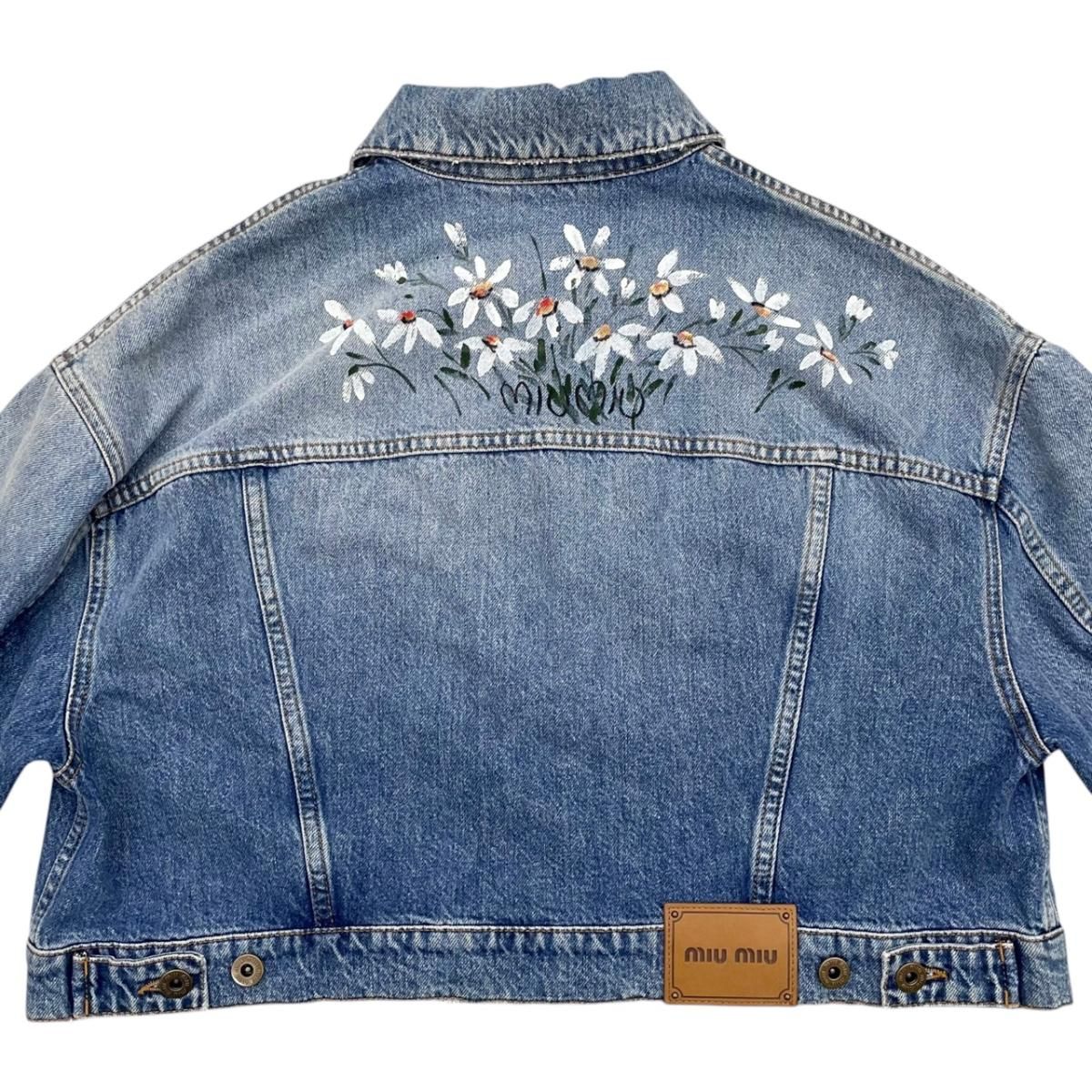 Miu Miu Denim Jacket Flower Motif Cotton Logo Patch Blue 36 — view 4