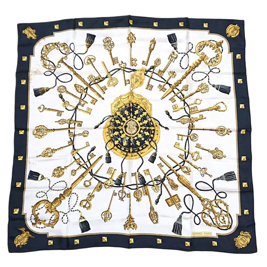 Hermes Carre 90 les Cles Key Pattern Silk Scarf Black White Gold