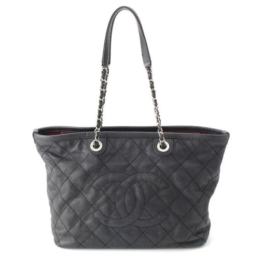 Chanel Caviar Leather Quilted Chain Shopping Tote Bag Black