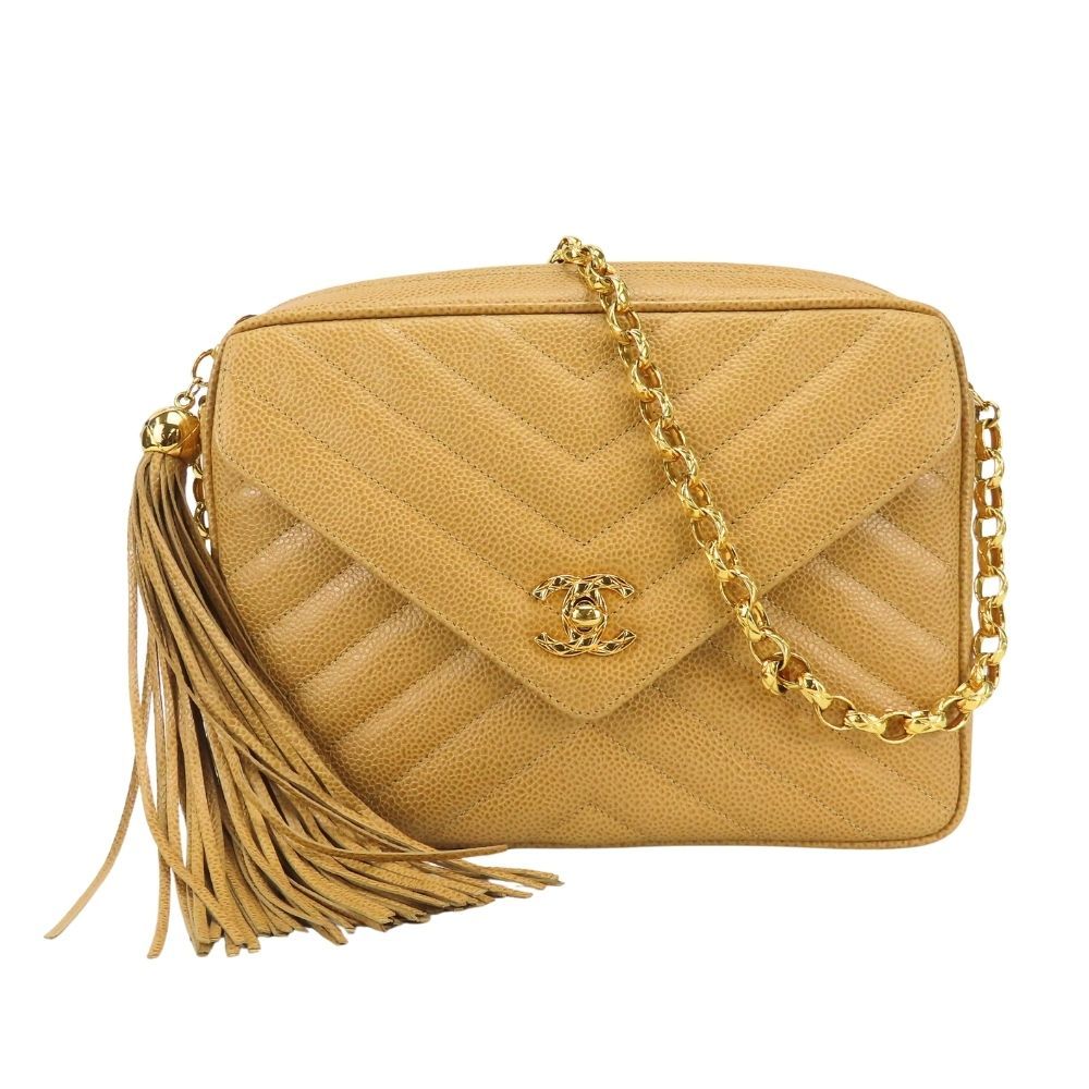 Chanel Shoulder Bag V-stitch Coco Caviar Leather Beige Gold Crossbody Chain