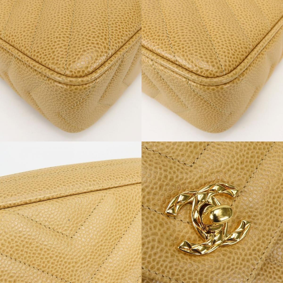 Chanel Shoulder Bag V-stitch Coco Caviar Leather Beige Gold Crossbody Chain — view 3