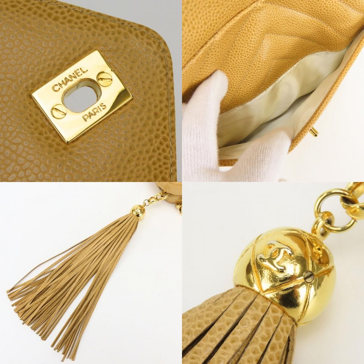Chanel Shoulder Bag V-stitch Coco Caviar Leather Beige Gold Crossbody Chain — view 4